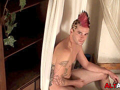 emo with Cherokee hair pulling on his rigid dick