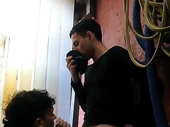 Sniffing underwear in the laundromat before banging