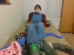 Wool sock bondage, hogtied gagged, jeans bondage