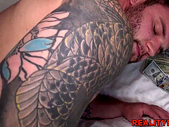 tattooed and muscular Rocke getting banged in a hotel apartment