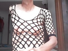 Mesh bodysuit Bigg Al erupts in cum!!!