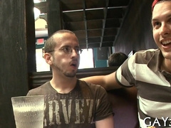 Boyfriend sucks his friend's cock in a cafe