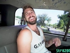 Straight student in uniform gets his cock sucked by a guy in a van