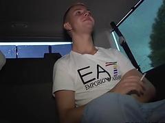 Amateur twinks picked up in a vehicle enjoy their threesome