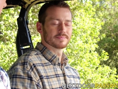 Hunky gay rides his friends cock raw after blowjob outdoor