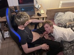 Cute twink Ethan Lestray gets distracted while taking a big cock in his mouth
