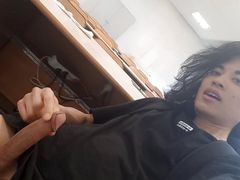 Cum at school, this horny student twink wanks his smooth cock and squirts jizz riskyly at school in a classroom on classmate des
