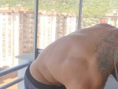 Trimmed muscle boy jack at balcony