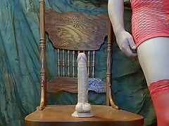 DEEP riding dildo in Red lingerie Cross Dressing