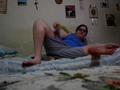 Hot brown haired dude deepthroats banana in his tight ass and gets a cumshot