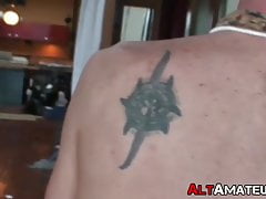 Skinny punk is showcasing his body while masturbating solo