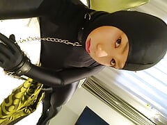 Japanese crossdresses masturbate wearing open face zentai