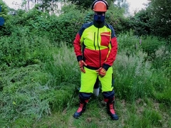 Forest Worker Pup Pawing Off In Gear And Boots (outdoors)