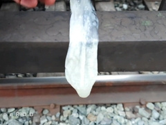 Railroad employee faps and ejaculates in a found rubber
