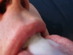Swallowing a hot load of gooey cum