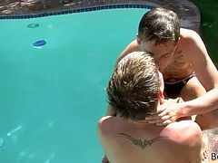 torrid twinks urinate and poke at a private outdoor pool