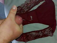 Using purple panties as cum rag