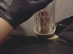 In latex outfit cumshot with toy and gas mask