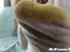 Bearded solo hunk admires his own feet while being recorded