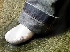 Gay stud wets his pants pissing before jerking off solo