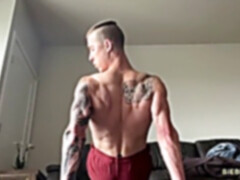 tugging off after demonstrating some muscles