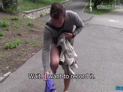 Watch this hot babe take on two horny guys bareback and take a hot load in mouth