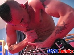 Tattooed Jake Blade licks his own tip and pumps his warm load