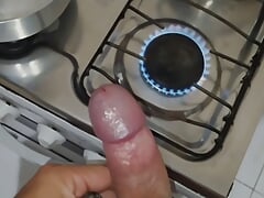 Cooking homemade sausage to get juicy cum.