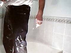 Wet jeans shower and cum