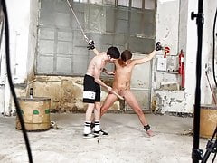 Blonde skinny twink tied up and waxed by his dominant master
