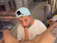Balcony fun: hot blowjob, deepthroat action, and cum guzzling
