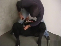 Suit bondage. Sexy dude bound & gagged by masked man