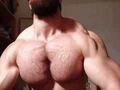 Bearded and muscled guy worships his pecks