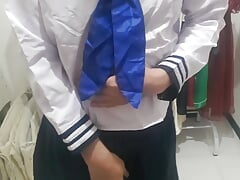 Asian crossdresser masturbating wearing japanese sailor uniform cosplay