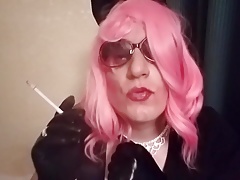 Sissy Mandy bitch in pink smoking vs120 in cuffs and gloves