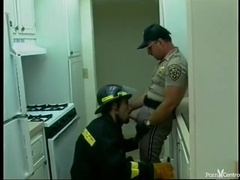 Wild Fireman And Police Officer Plow On The Daybed