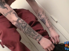STRAIGHT NAKED THUGS - Tattooed straight thug Blinx plays with himself and pisses