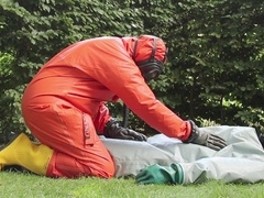 Second part of rubber suit chemical hazmat adventure with unexperienced middle-aged gay men