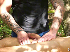 throating massagist sperms outdoors