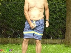 Huge cock jerking off outdoors in the nude