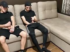 Straight jerk off with twink gay friend in sportswear (blowjob and cum in mouth)