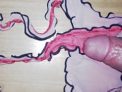 Rubbing my cock on girlfriends pink thongs