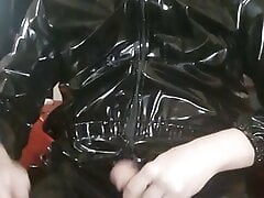 Spandex Hood wearing boy having fun in pvc suit