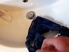 Tradesman wanking with customers panties cumshot