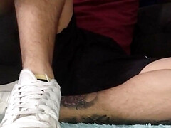 Latino Shows His Feet After Working Out in the Gym