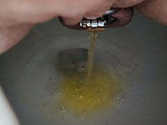 Pissing in Flat cage with a fat Innie cylinder