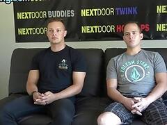 Casting hairy jock cocksucked by tattooed BF before cumshot