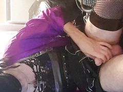 sissy slut takes a 4inch 4 foot long double ender and squirts hard - kinky pvc whore moans