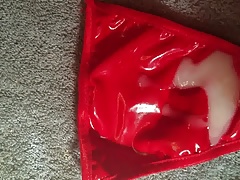 Cum on my red latex g-string