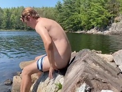Relaxed Canadian guy Aaronthekayaker discovers a hidden lakeshore and slowly strips out of his trunks